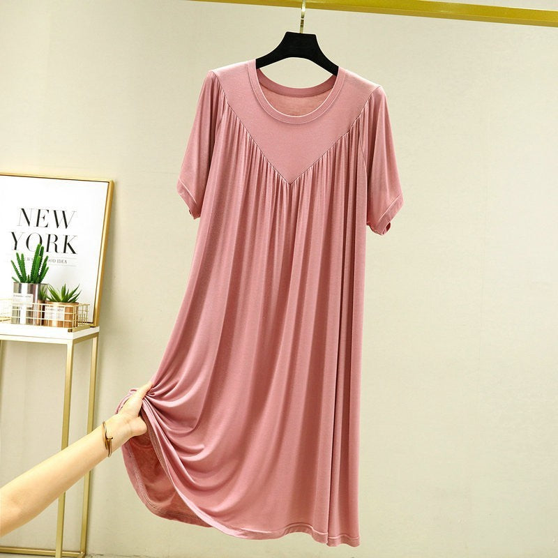 Loose Big Hem V-shaped Pleated Loose Belly-covering Short Sleeve Thin Nightdress