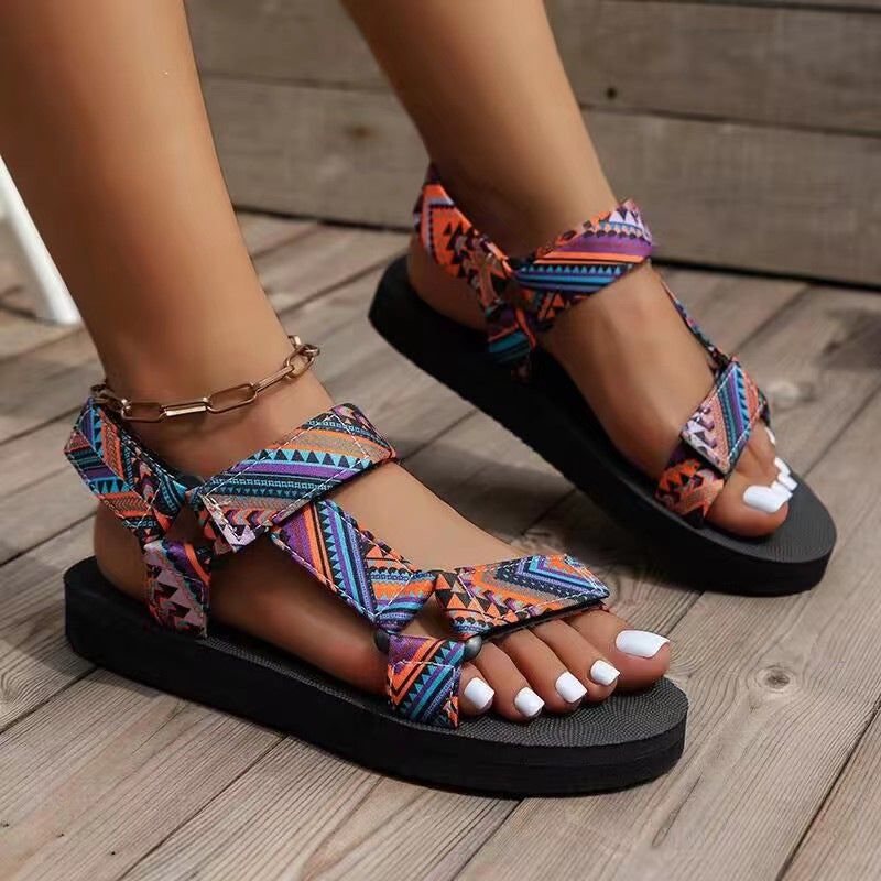 Summer New Thick Bottom Color Matching Velcro European And American Famous Ethnic Style Beach Sandals