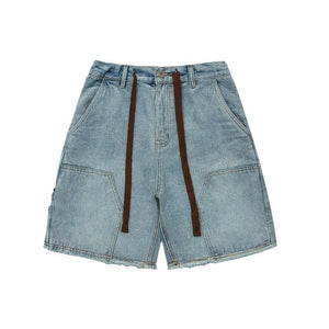 Men's Brushed Washed Light Color Denim Drawstring Elastic Waist Cargo Pocket Patchwork Retro Shorts