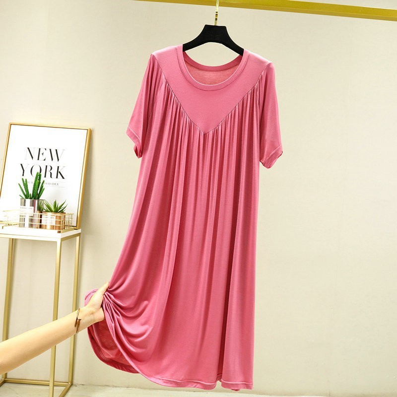 Loose Big Hem V-shaped Pleated Loose Belly-covering Short Sleeve Thin Nightdress