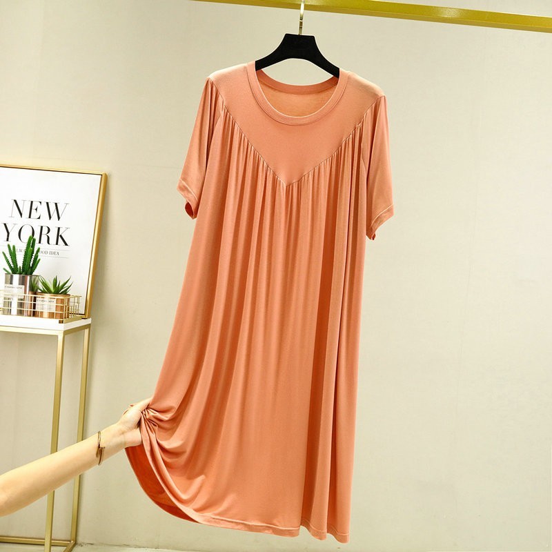 Loose Big Hem V-shaped Pleated Loose Belly-covering Short Sleeve Thin Nightdress