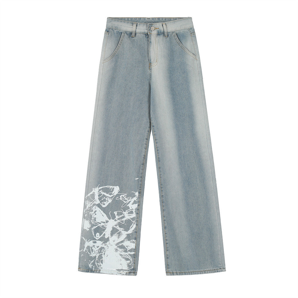 Inkjet Gradient Wide Leg Denim Trousers Men's Hip Hop