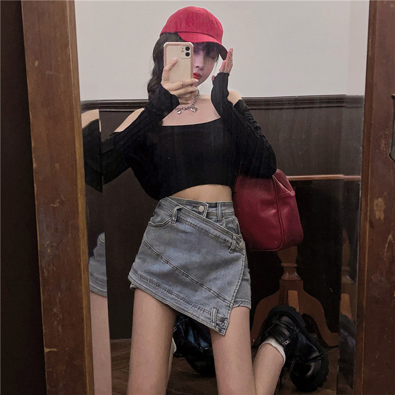 Denim Skirt Women''s Irregular High Waist