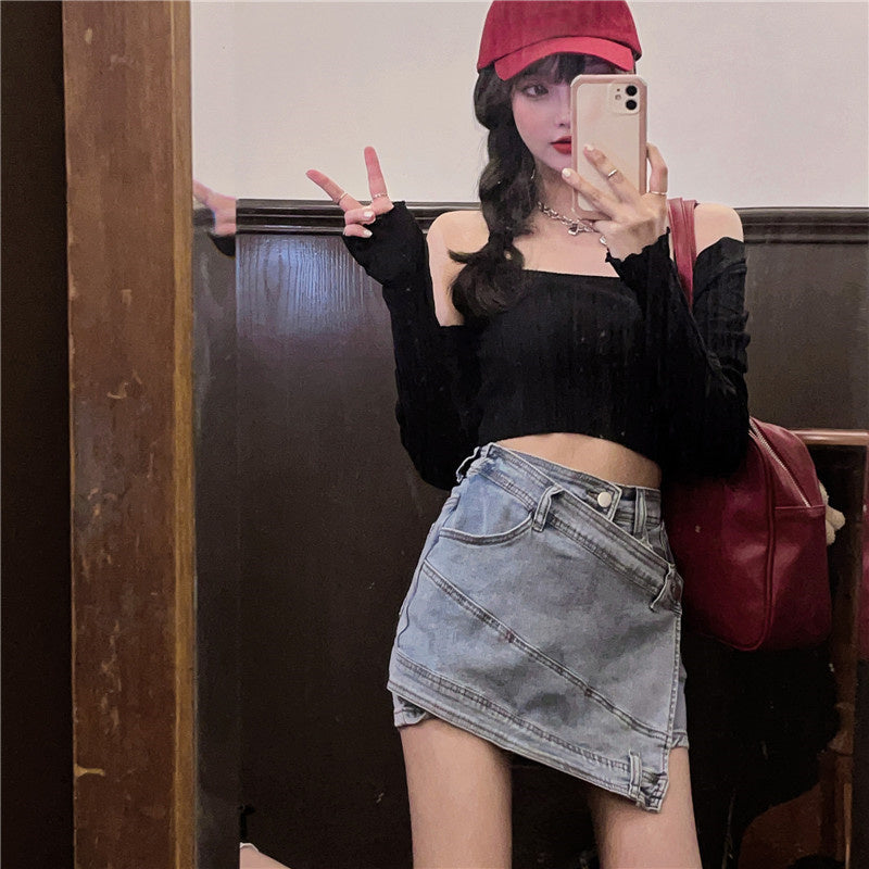 Denim Skirt Women''s Irregular High Waist