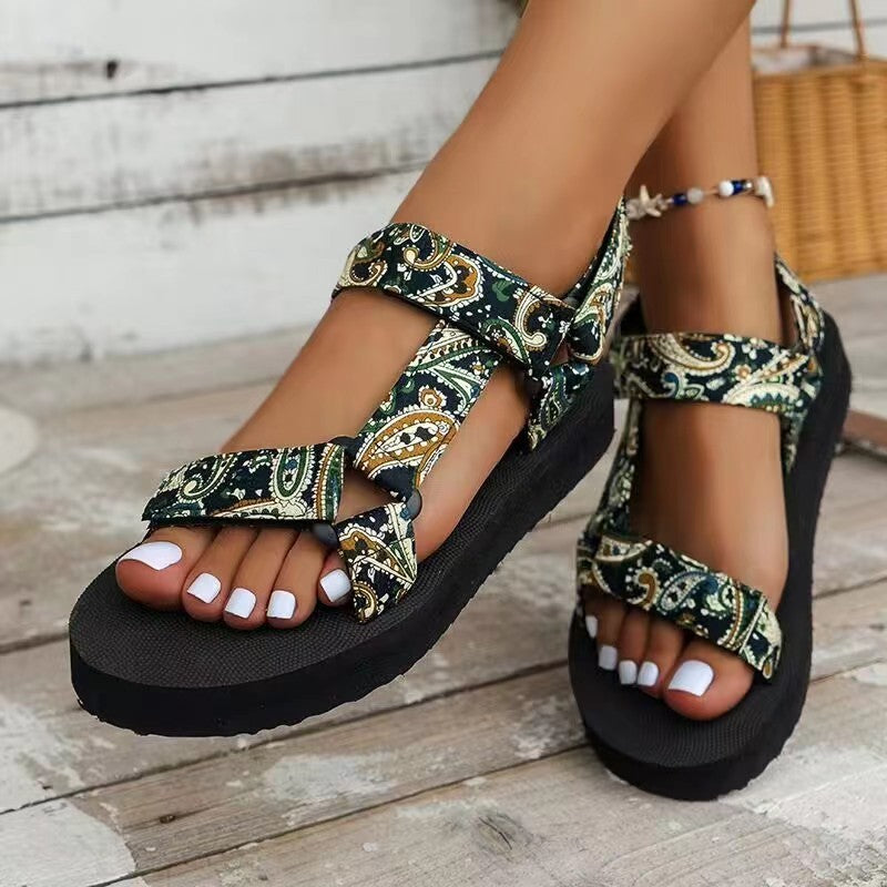 Summer New Thick Bottom Color Matching Velcro European And American Famous Ethnic Style Beach Sandals