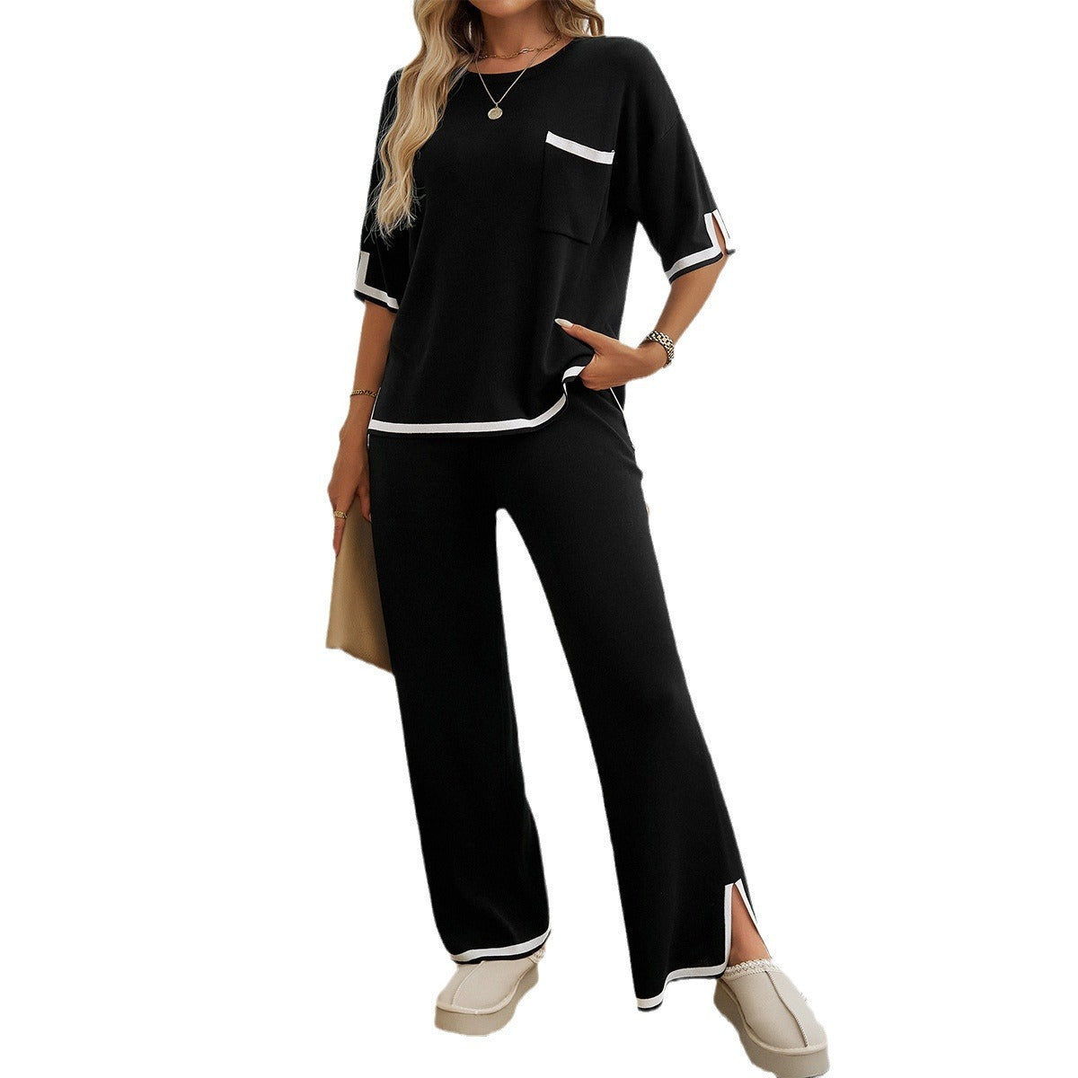 Lady Temperament Commuter Contrast Color Short Sleeve Trousers Suit