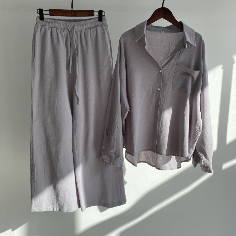 Cross-border Women's Ancient Cotton And Linen Shirt Outfit High Waist Loose Trousers