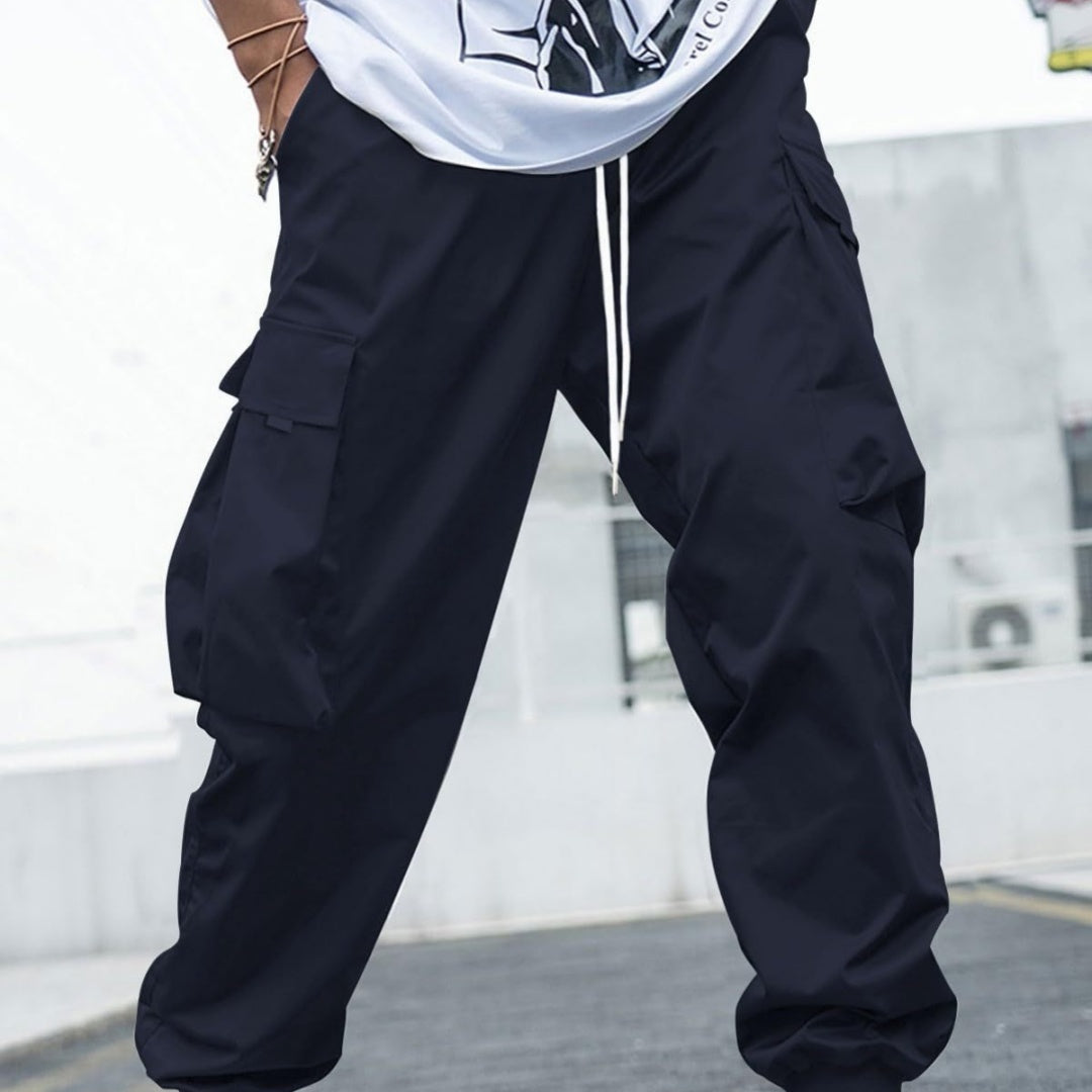 Men's Flip Pocket Drawstring Technology Cargo Pants Sports Elastic Jogging Casual Pants