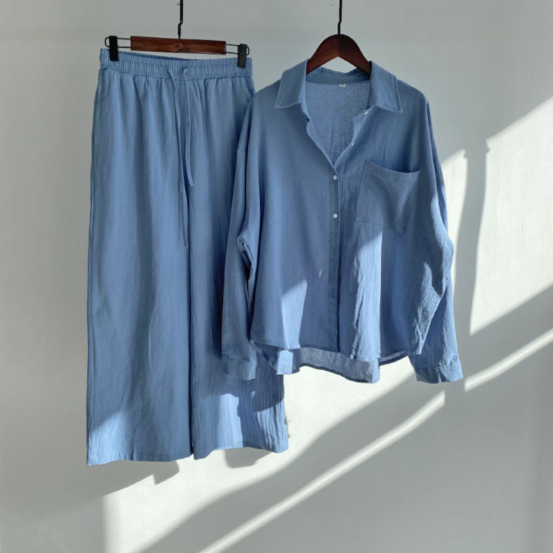 Cross-border Women's Ancient Cotton And Linen Shirt Outfit High Waist Loose Trousers