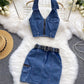 Women's Retro Slim Short Sleeveless Halter Denim Vest Two-piece Set