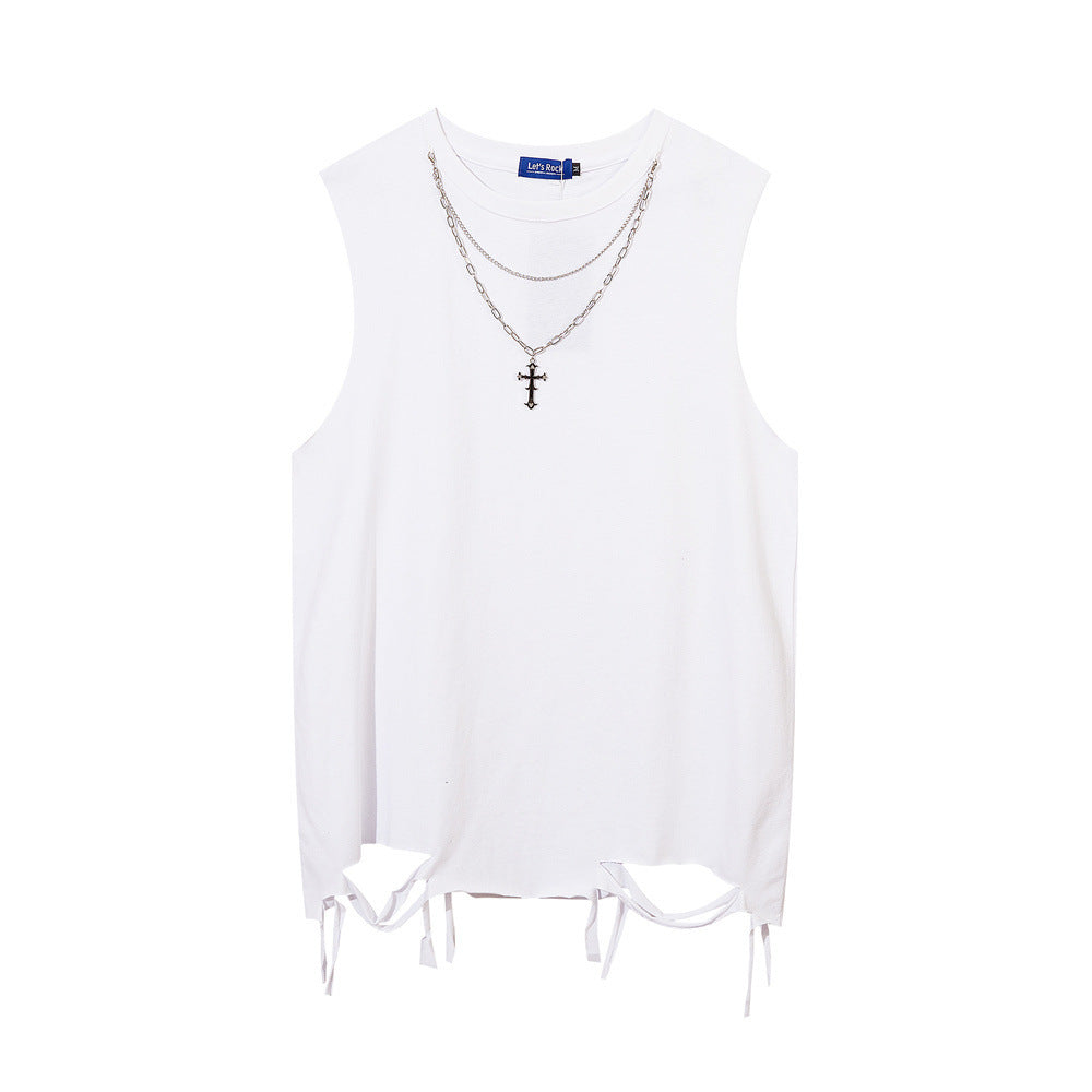 Men's Cotton Vest With Necklace And Broken Hem