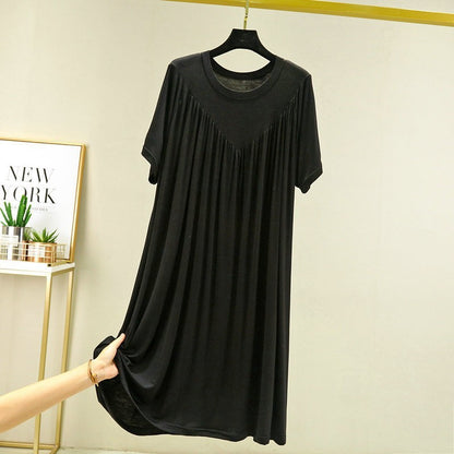 Loose Big Hem V-shaped Pleated Loose Belly-covering Short Sleeve Thin Nightdress