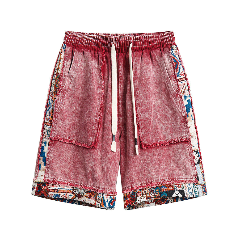 Color Contrast Patchwork Raw Edge Denim Shorts Men