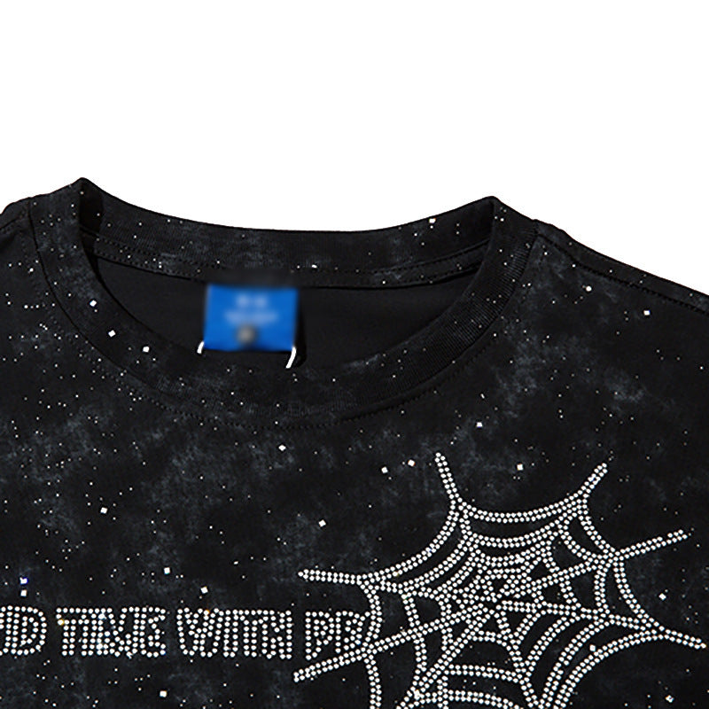 Spider Web Letters Rhinestone Short Sleeve Men