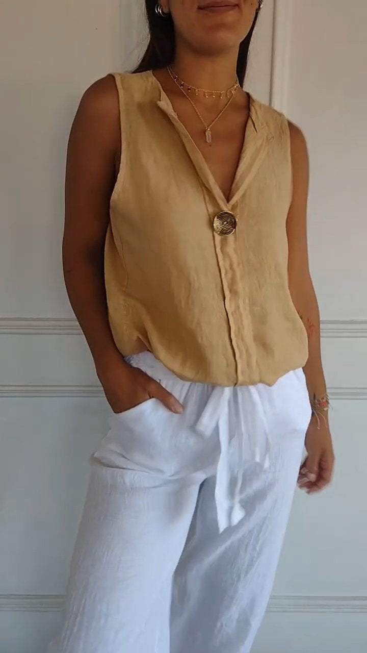 Chemise décontractée sans manches en coton et lin col en V faux cardigan