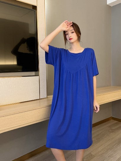 Loose Big Hem V-shaped Pleated Loose Belly-covering Short Sleeve Thin Nightdress