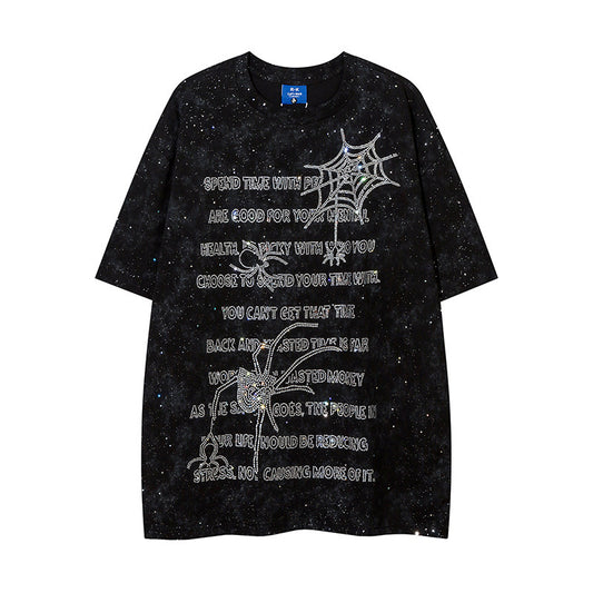 Spider Web Letters Rhinestone Short Sleeve Men