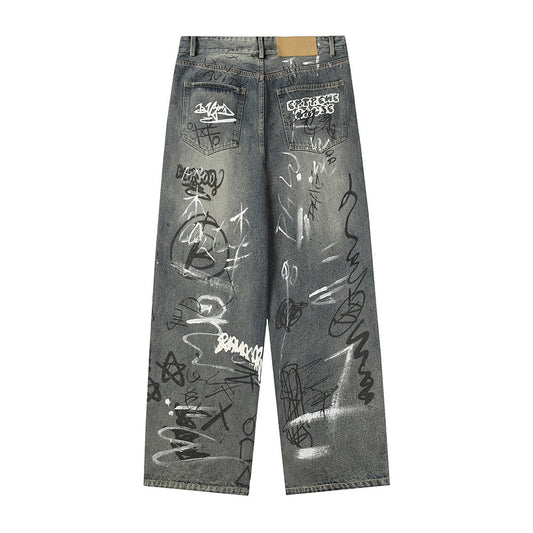 Fashion Graffiti Denim Straight-leg Trousers Men