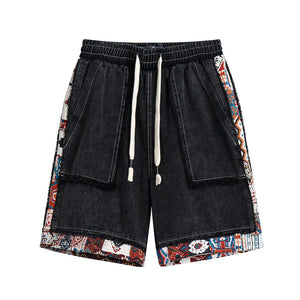 Color Contrast Patchwork Raw Edge Denim Shorts Men