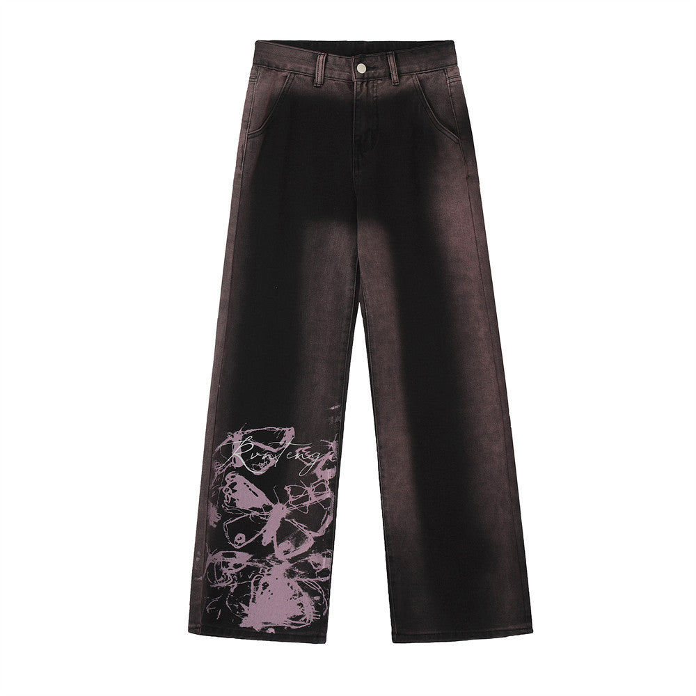 Inkjet Gradient Wide Leg Denim Trousers Men's Hip Hop