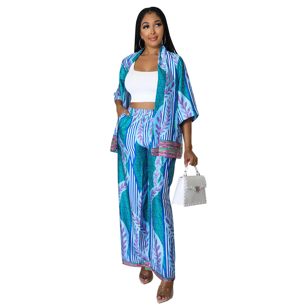 Women's Silk-like Printed Wide-leg Pants Two-piece Set