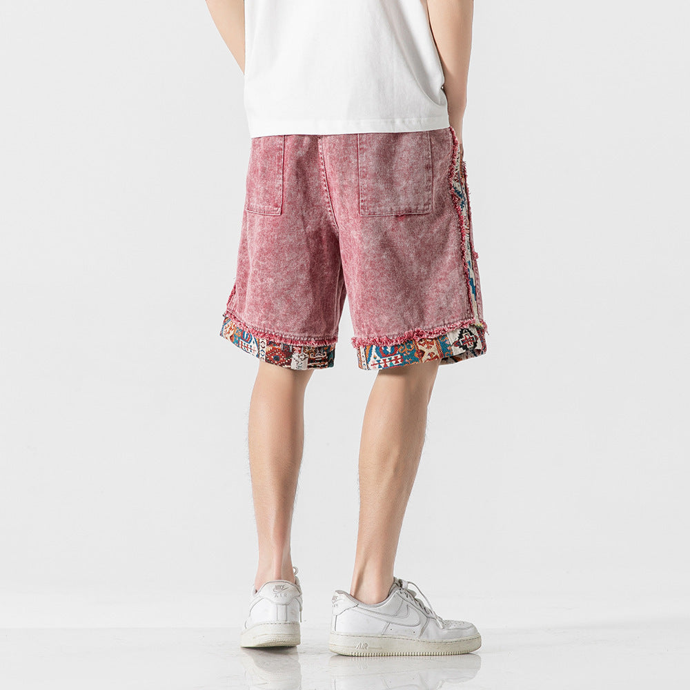 Color Contrast Patchwork Raw Edge Denim Shorts Men