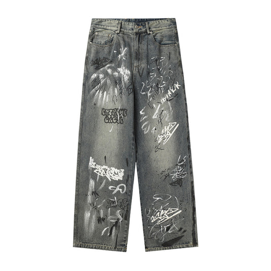 Fashion Graffiti Denim Straight-leg Trousers Men