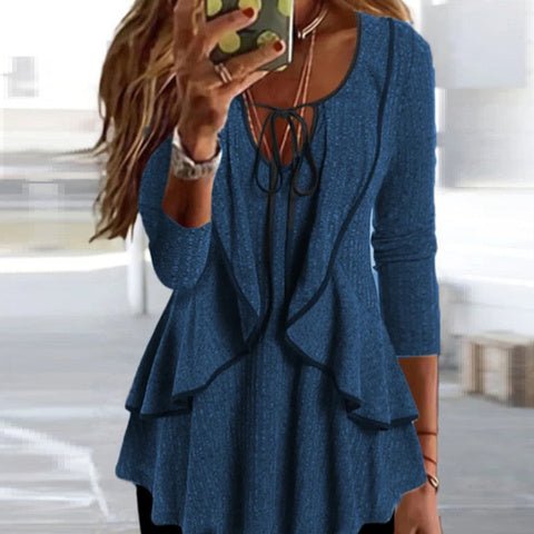 V-neck Lace-up Ruffled Temperament Commute Casual Long-sleeved Top