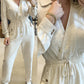 New Beige Lapel Low Cut Long Sleeve Jumpsuit