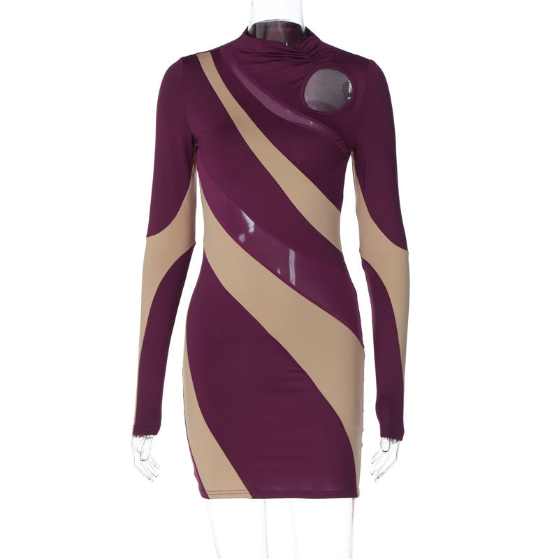 Hollow Round Neck Long Sleeve Slim Fit Dress