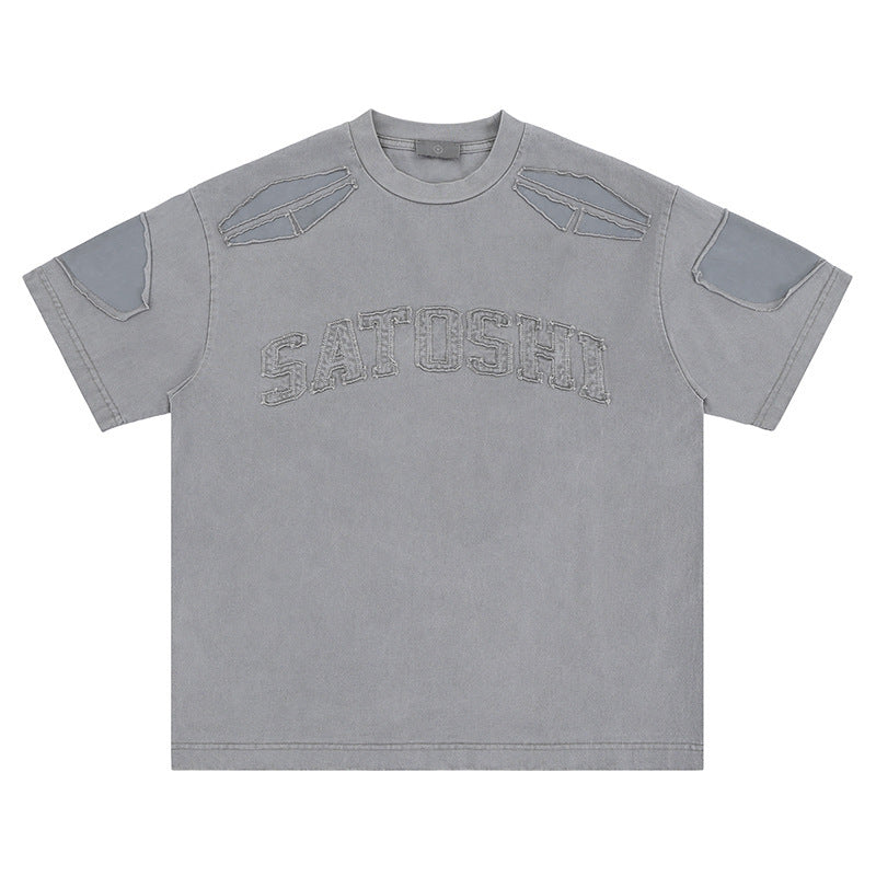 American High Street Wash Retro Alphabet Embroidery Stitching T-shirt