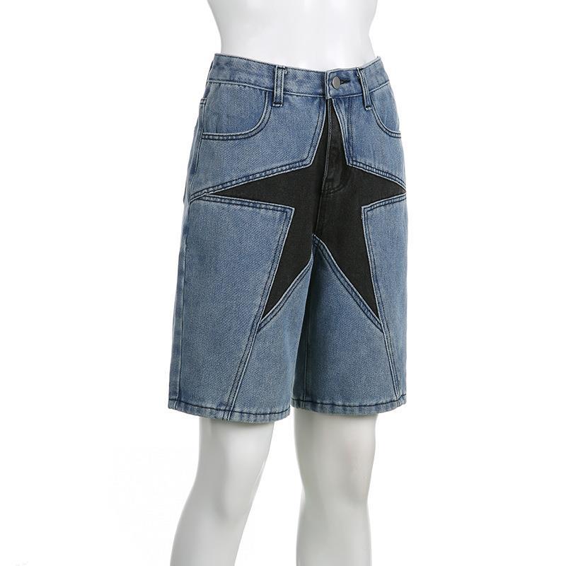 Design Contrast Color Five-pointed Star Patchwork Jeans Female