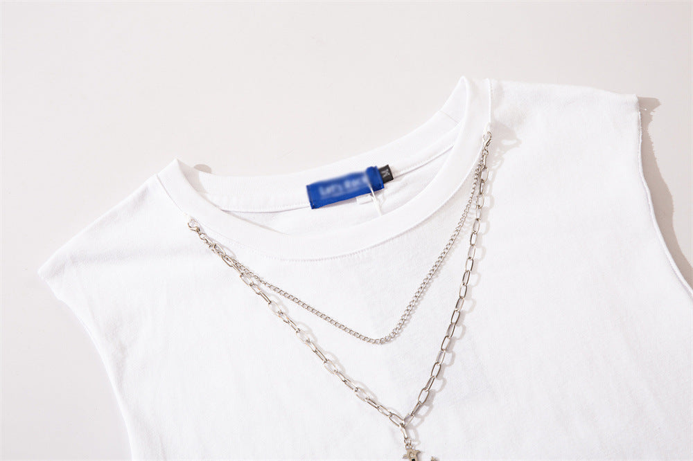 Men's Cotton Vest With Necklace And Broken Hem