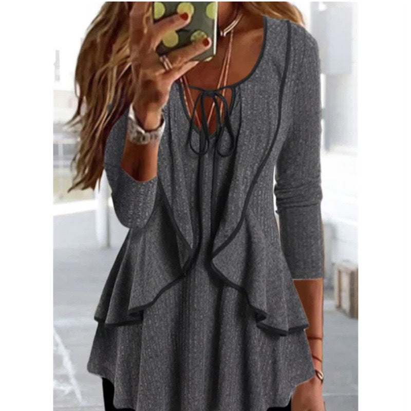 V-neck Lace-up Ruffled Temperament Commute Casual Long-sleeved Top