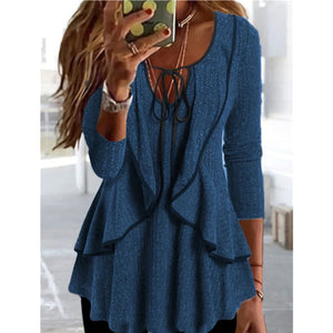 V-neck Lace-up Ruffled Temperament Commute Casual Long-sleeved Top