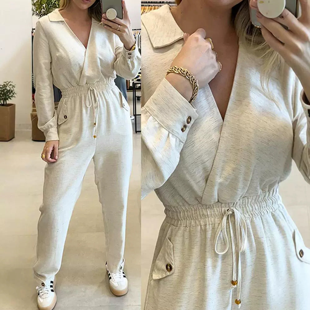 New Beige Lapel Low Cut Long Sleeve Jumpsuit