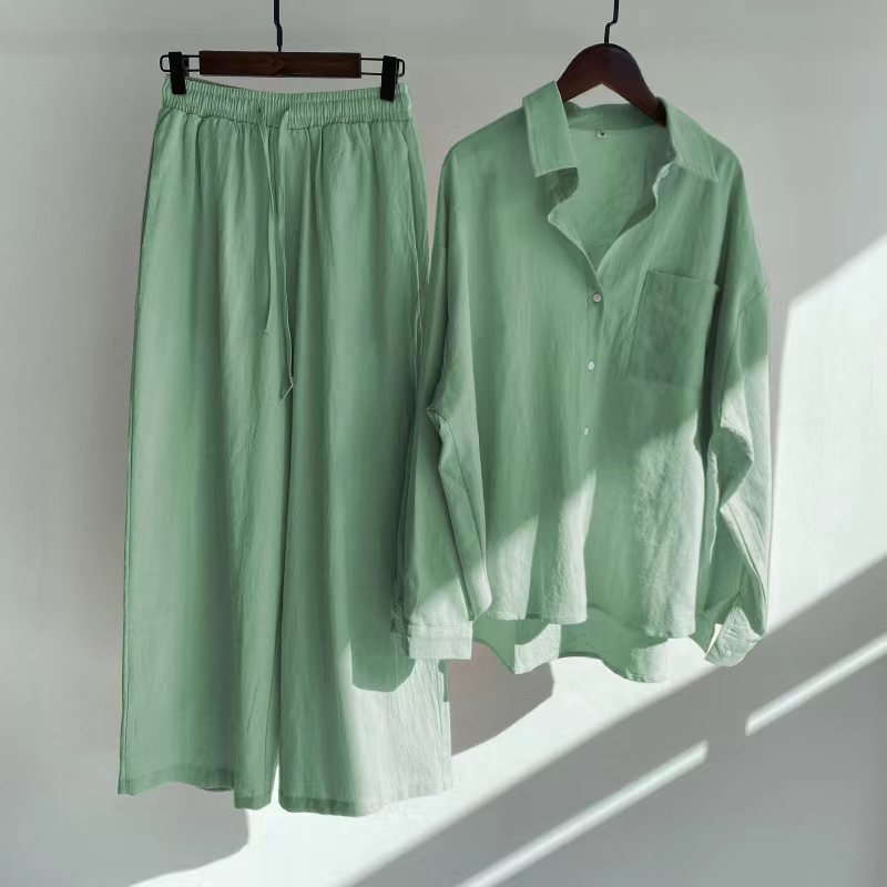 Cross-border Women's Ancient Cotton And Linen Shirt Outfit High Waist Loose Trousers