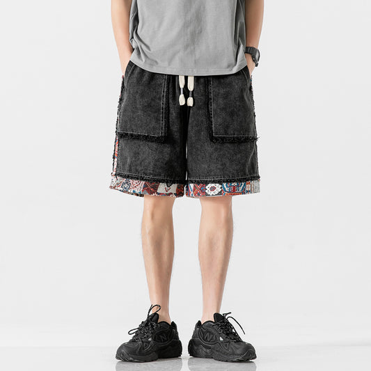 Color Contrast Patchwork Raw Edge Denim Shorts Men