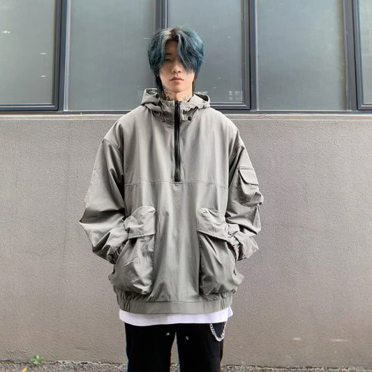 Top Hooded Jacket Loose Half Zip Windbreaker Workwear