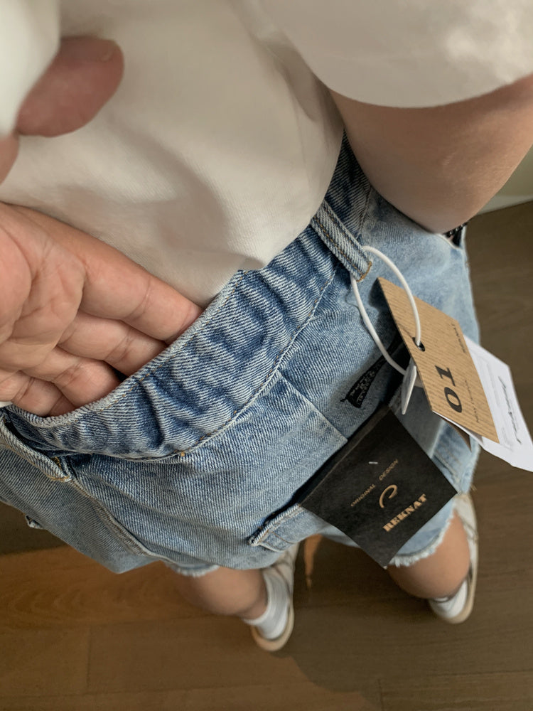 Men's Brushed Washed Light Color Denim Drawstring Elastic Waist Cargo Pocket Patchwork Retro Shorts