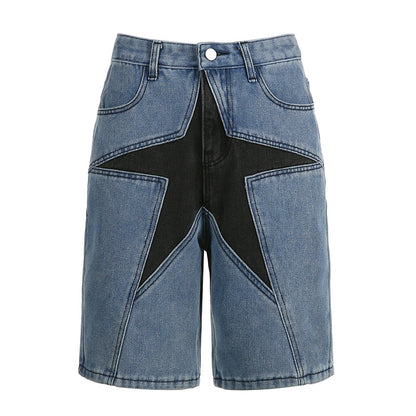 Design Contrast Color Five-pointed Star Patchwork Jeans Female