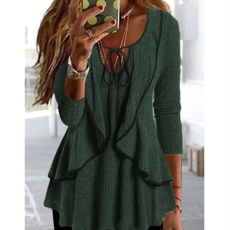 V-neck Lace-up Ruffled Temperament Commute Casual Long-sleeved Top