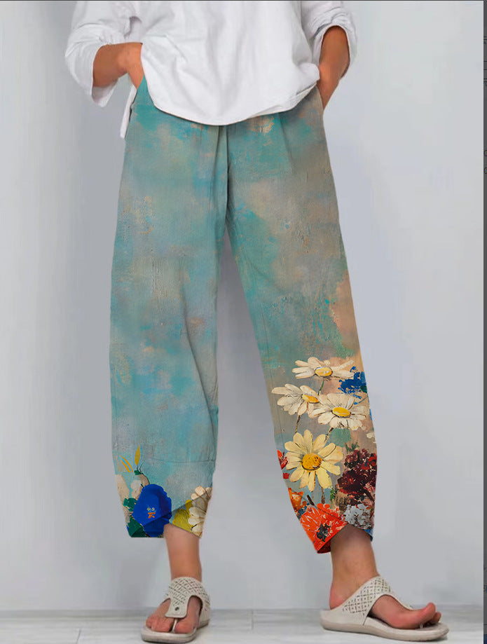 Printed Loose Casual Elastic Waist Straight-leg Pants