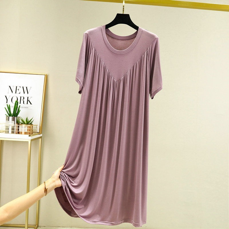 Loose Big Hem V-shaped Pleated Loose Belly-covering Short Sleeve Thin Nightdress