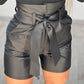 High Waist Black Strap Slim Fit Pu Shorts Belted