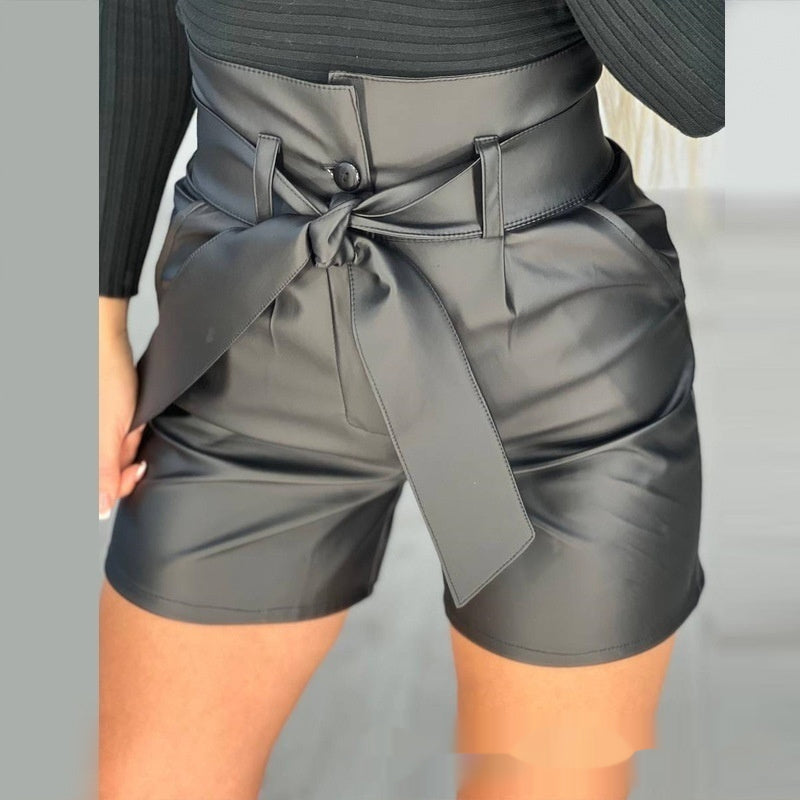 High Waist Black Strap Slim Fit Pu Shorts Belted