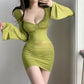 Women's Cross Pleated V-neck Solid Color Dress