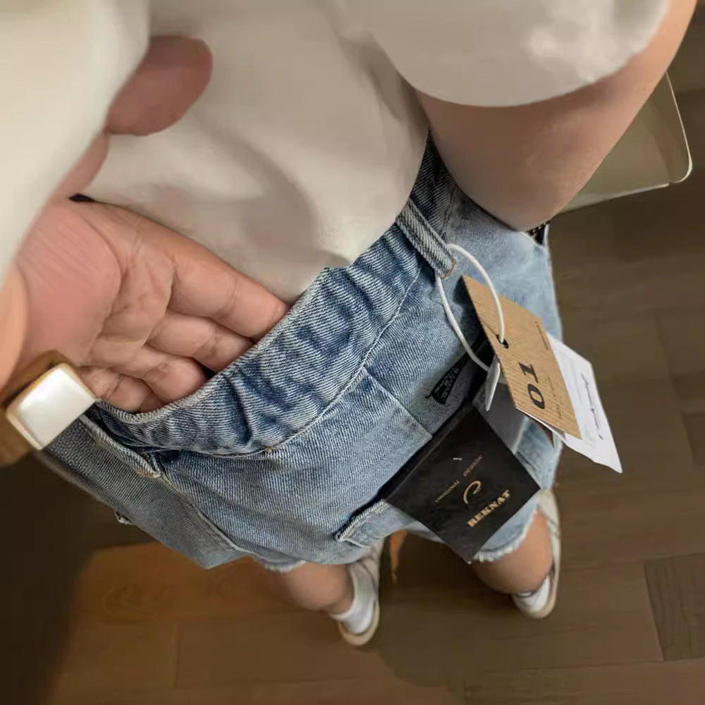 Men's Brushed Washed Light Color Denim Drawstring Elastic Waist Cargo Pocket Patchwork Retro Shorts