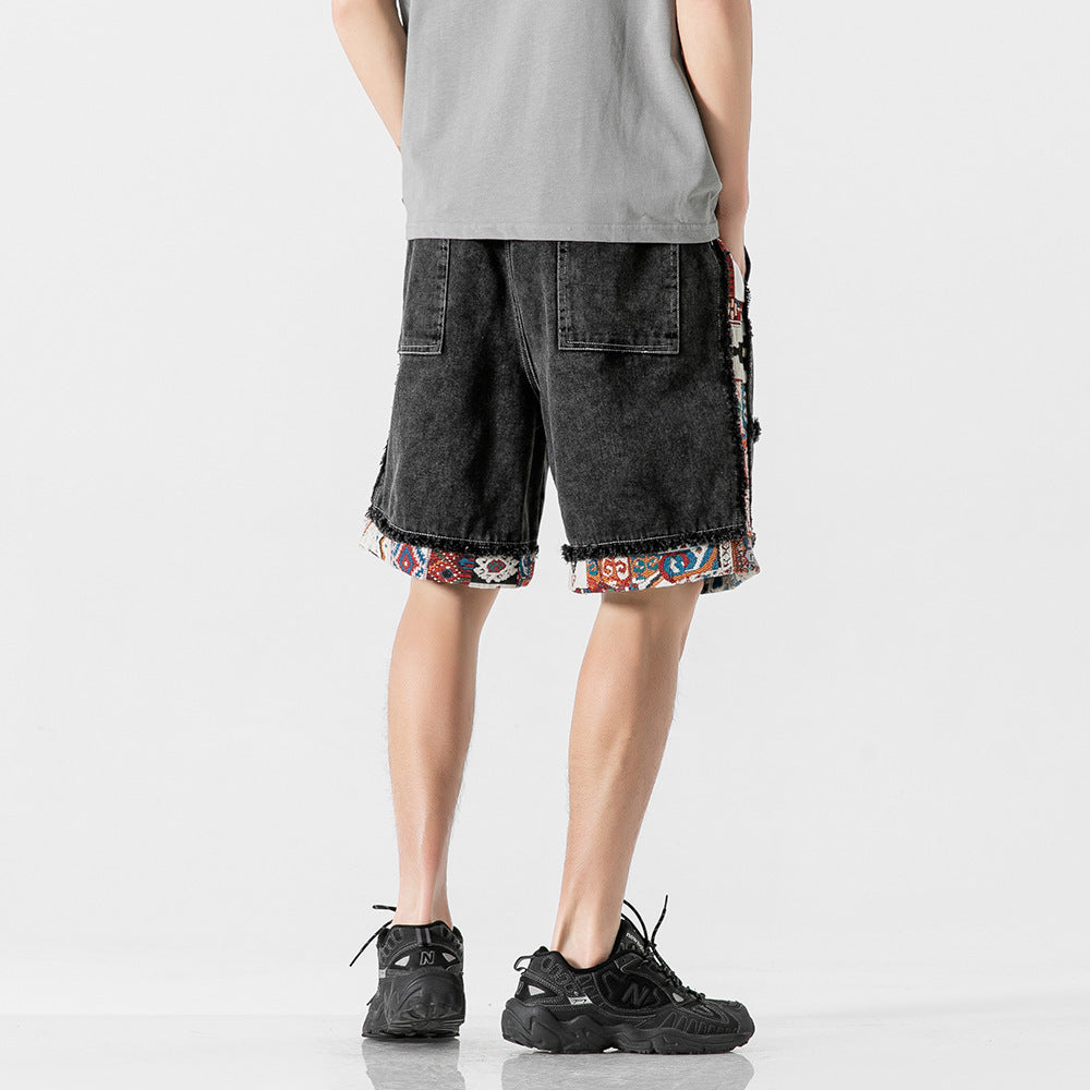 Color Contrast Patchwork Raw Edge Denim Shorts Men