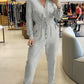 New Beige Lapel Low Cut Long Sleeve Jumpsuit